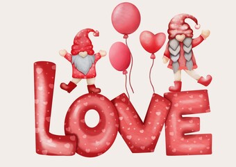 Collection of cute cartoon gnomes with gifts and flowers for valentine's day and mother's day