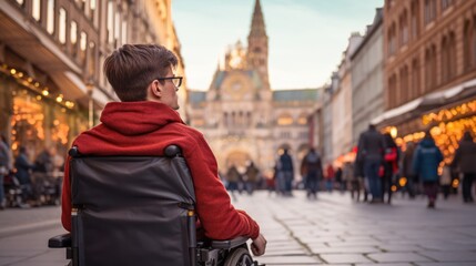 Happy wheelchair tourist in autumn city