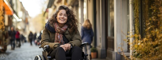 Fototapeta na wymiar Happy wheelchair tourist in autumn city