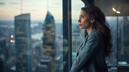 Professional business woman looking through window of her office skyscraper looking at bustling modern city thinking at her work - obrazy, fototapety, plakaty