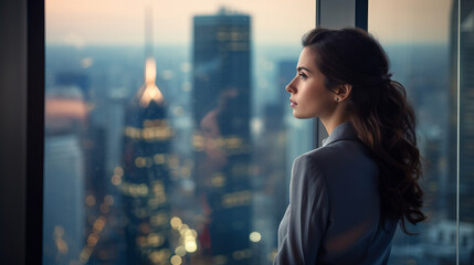 Professional business woman looking through window of her office skyscraper looking at bustling modern city thinking at her work - obrazy, fototapety, plakaty