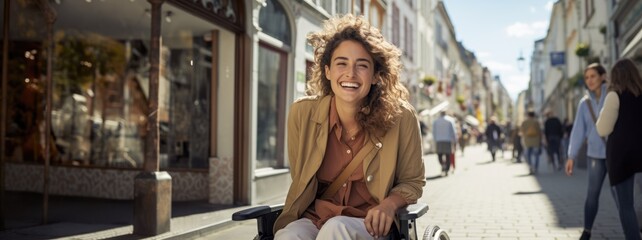 Joyful wheelchair traveler on city street