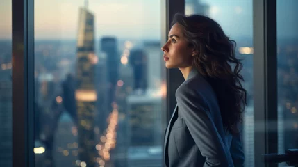 Fotobehang Professional business woman looking through window of her office skyscraper looking at bustling modern city thinking at her work © Keitma