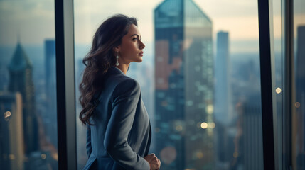Professional business woman looking through window of her office skyscraper looking at bustling...