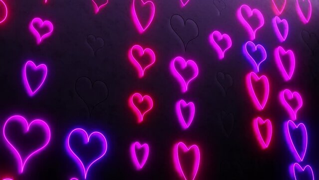 Group of red and violet neon hearts blink on black background. Loop animation.