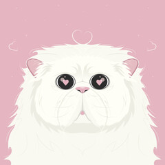 St. Valentine illustration of the cat with heart eyes on romantic pink background. 