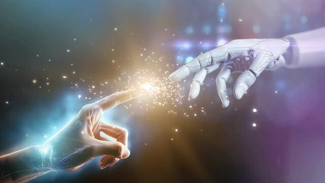 merging of technology and humanity: cyborg finger touching human finger. Symbolizes AI machine learning and big data connection network in intersection of science, innovation, futuristic possibilities