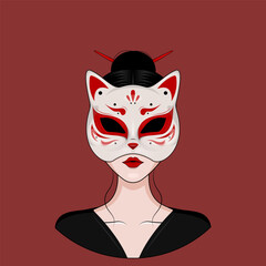 Girl Wearing A Japanese Kitsune Fox Mask