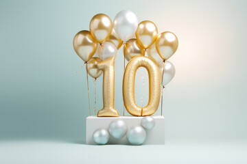 10th birthday or celebration gift card, anniversary invitation with balloons on blue background
