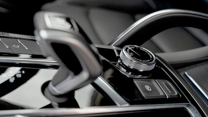 The gearshift joystick in a modern car