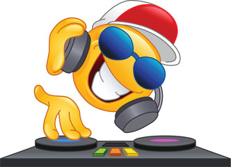 Happy DJ emoji emoticon with headphones and sunglasses, playing and mixing electronic music on the turntables deck