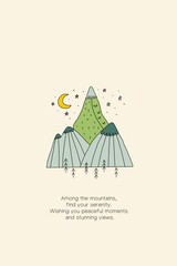Greeting card mountain trees moon stars. Vector hand drawn illustration for print design, poster