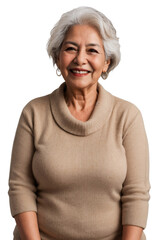 Aged Latin American woman wearing warm clothes smiling and looking at the camera, isolated, transparent background, no background. PNG. - obrazy, fototapety, plakaty