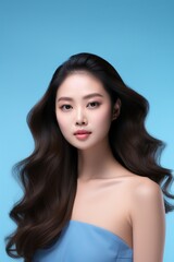 Elegant Asian woman with flowing hair on blue