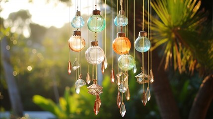 A set of glass wind chimes tinkling gently against a breezy backdrop.