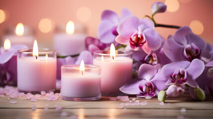 Obraz na płótnie Canvas Natural soy burning candles surrounded by fresh flowers. Spa relaxation, aromatherapy, spa center wallpaper in pink colors.
