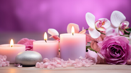 Obraz na płótnie Canvas Natural soy burning candles surrounded by fresh flowers. Spa relaxation, aromatherapy, spa center wallpaper in pink colors.