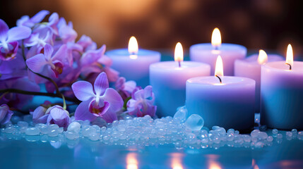 Natural soy burning candles surrounded by fresh flowers. Spa relaxation, aromatherapy, spa center wallpaper in blue purple colors.