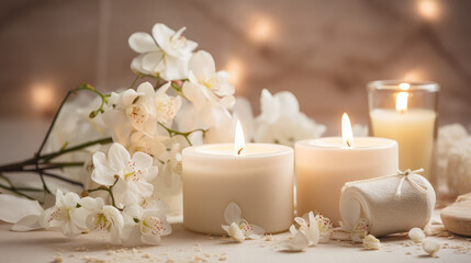 Fototapeta na wymiar Natural soy burning candles surrounded by fresh flowers. Spa relaxation, aromatherapy, spa center wallpaper in beige colors.