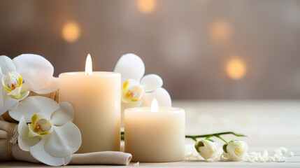 Natural soy burning candles surrounded by fresh flowers. Spa relaxation, aromatherapy, spa center wallpaper in beige colors.