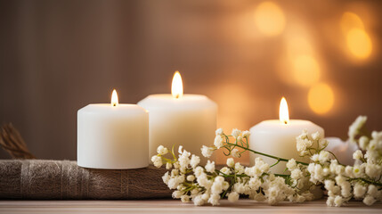 Fototapeta na wymiar Natural soy burning candles surrounded by fresh flowers. Spa relaxation, aromatherapy, spa center wallpaper in beige colors.
