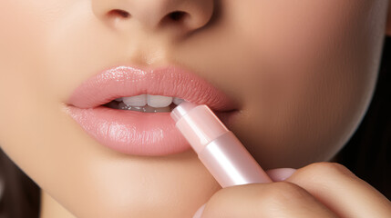 Woman applies moisturizing balm to her lips to hydrate and protect them from chapping in cold weather. Hygienic lipstick stick for lips. - obrazy, fototapety, plakaty