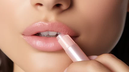 Fotobehang Woman applies moisturizing balm to her lips to hydrate and protect them from chapping in cold weather. Hygienic lipstick stick for lips. © dinastya