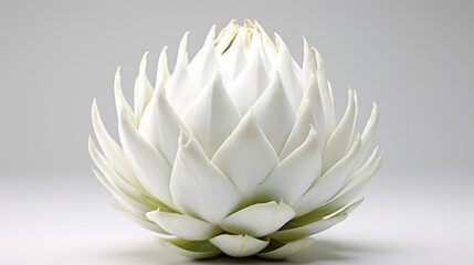 A single artichoke, its layered petals beautifully fanned out against a pristine white setting.
