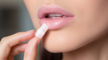 Woman applies moisturizing balm to her pink lips to hydrate and protect them from chapping in cold weather. Hygienic lipstick stick for lips. - obrazy, fototapety, plakaty