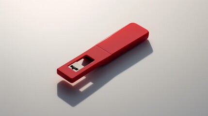 A single, bright red USB drive casting a soft shadow on a seamless white table.