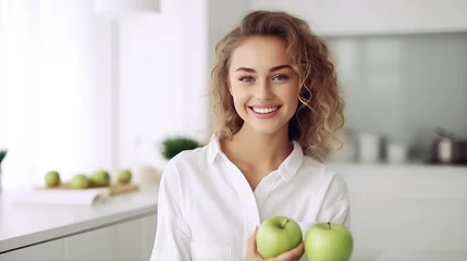 Stof per meter Young attractive joyful woman with green apple smile on kitchen background. Nutritionist, vegetarianism, healthy eating. The benefits of fruit for breakfast. © dinastya