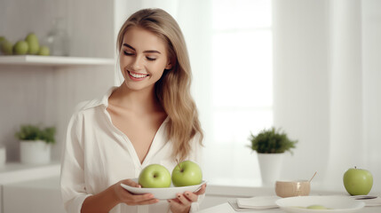 Young attractive blonde woman with green apple smile on kitchen background. Nutritionist, vegetarianism, healthy eating. The benefits of fruit for breakfast. - obrazy, fototapety, plakaty