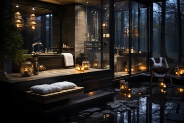 opulent spa interior illuminated by the soft glow of numerous candles, creating a tranquil and luxurious ambiance