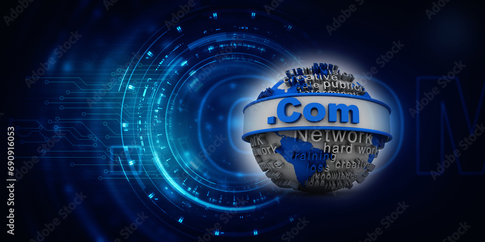 Poster 3d illustration globe with word dot com