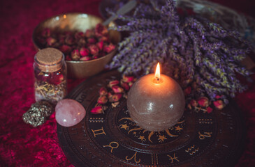 Astrology, esotericism concept. Stuff on a table, mystical atmosphere. Future prediction 