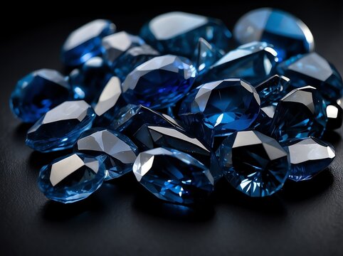 Bunch of sapphire gemstones on plain black background from Generative AI