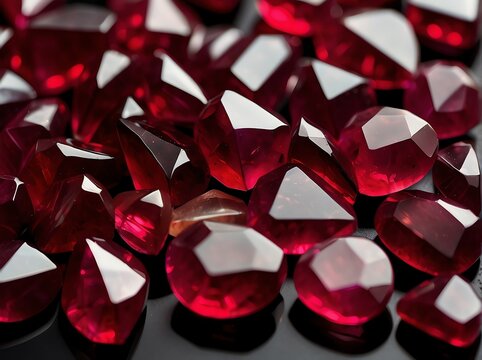 Bunch of ruby gemstones on plain black background from Generative AI
