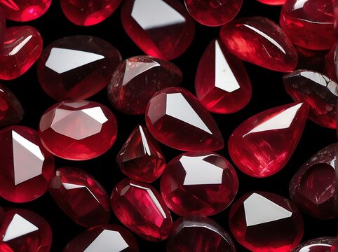 Bunch of ruby gemstones on plain black background from Generative AI