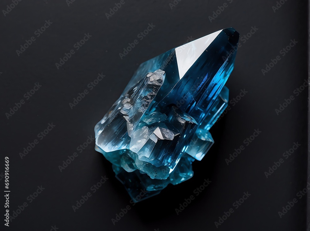 Poster blue quartz crystal cluster on plain black background from generative ai