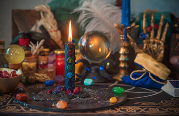 Astrology, esotericism concept. Stuff on a table, mystical atmosphere. Future prediction 