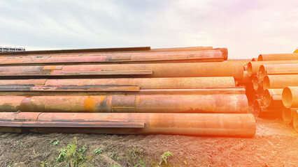 Large metal pipes close-up, Selective Focusing, Large 830mm Diameter Rusty Metal Tubes for Building Construction