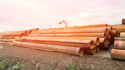 Large metal pipes close-up, Selective Focusing, Large 830mm Diameter Rusty Metal Tubes for Building...