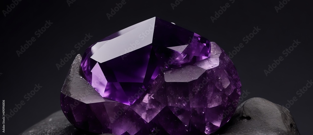 Poster a detailed shiny amethyst gemstone on top of a big rock with plain black background from generative 
