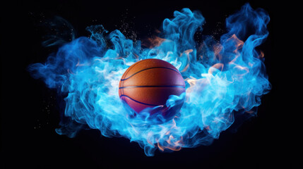 Basketball ball in blue smoke isolated on black background. Sport concept