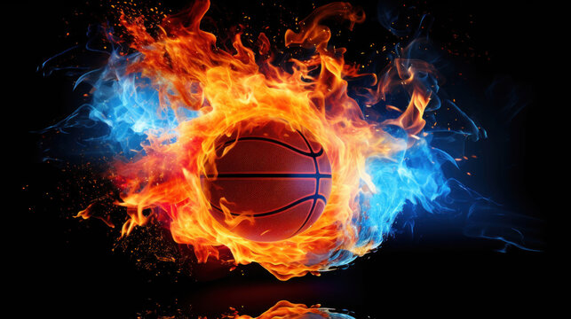 Basketball ball in fire flames on black background.
