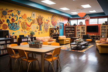 Bright and modern library interior with colorful wall art, comfortable seating areas, and bookshelves filled with books.