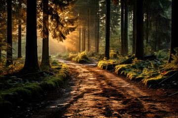 A tranquil forest path illuminated by the warm golden light of a rising sun, showcasing the beauty of nature.