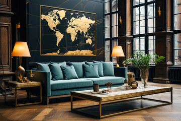 Luxurious living room interior with modern furniture, world map wall art, and cozy blue velvet sofa.