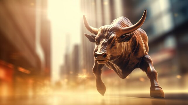 Bull and the stock market,Investment finance chart, stock market arrow with one blurry Bull walking, 