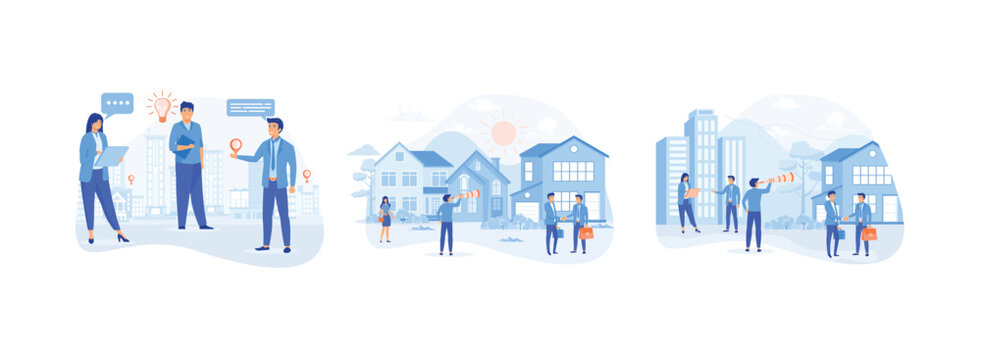 Real estate business. Turnkey rental. Buy or rent house. Real estate business 1 set flat vector modern illustration 